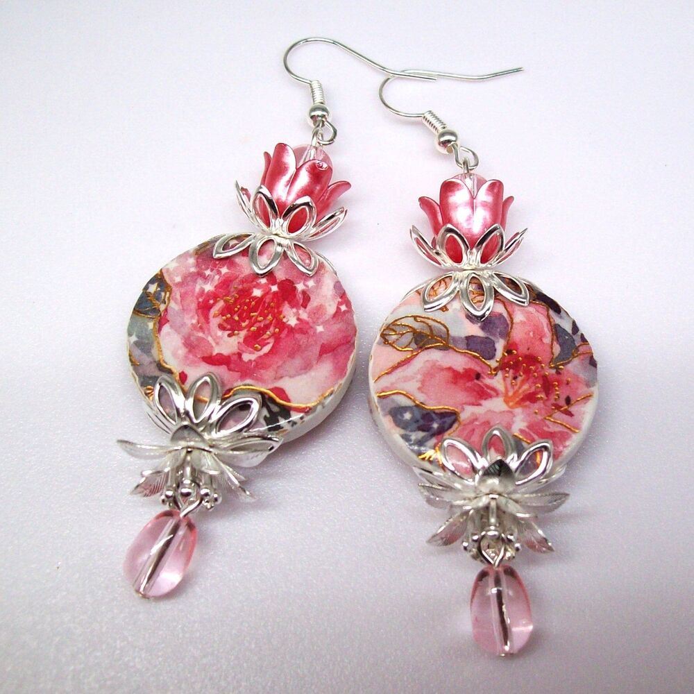 Decoupage Floral Statement Earrings Silver, Artisan Crafted Flower Jewelry